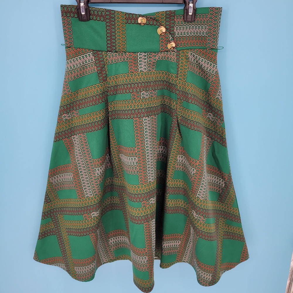New York & Company high-waisted Skirt Womens 10 Green Chain Print Belted Knee